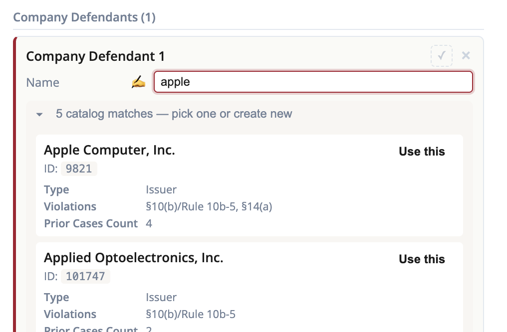 The entity candidate panel suggesting catalog matches under a company defendant row.