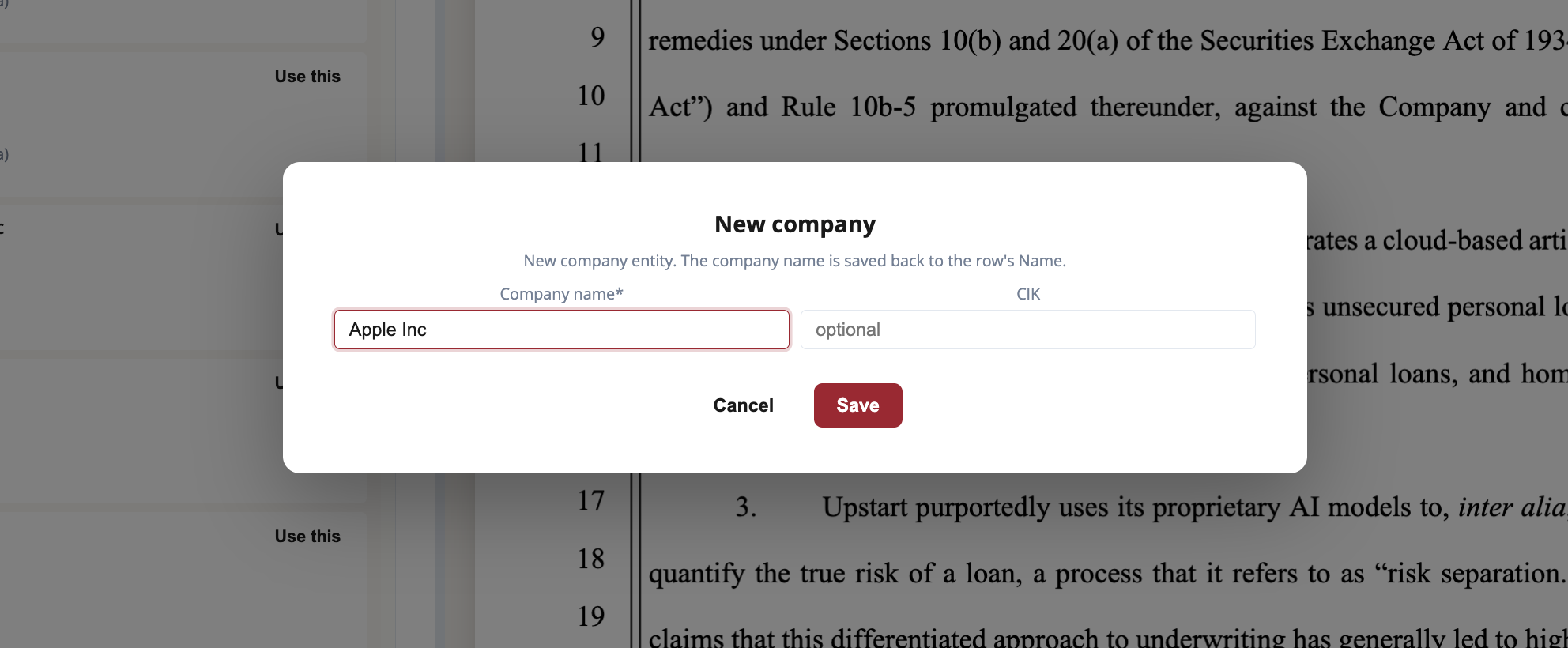 Create-new entity form, company shape: an editable company name plus a CIK.