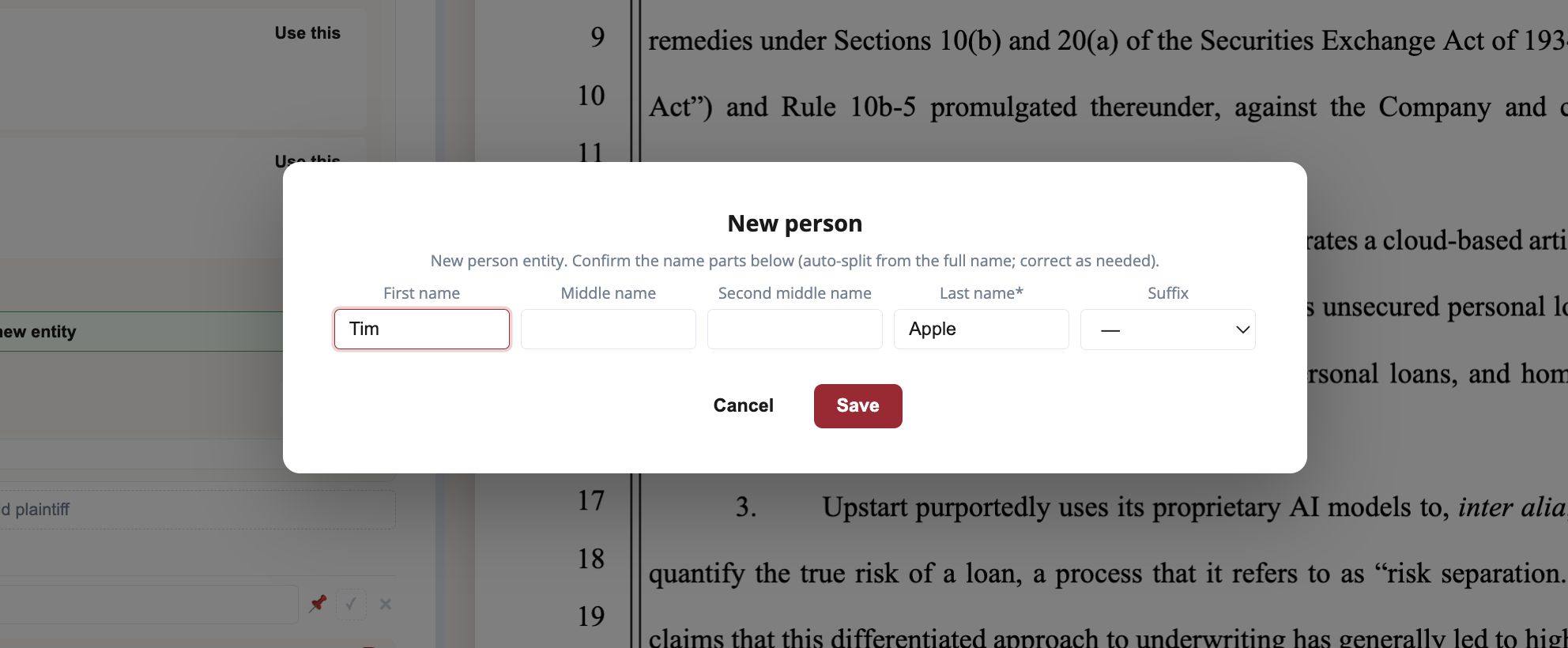Create-new entity form, person shape: a structured name sub-form (plus a CIK for a director or officer defendant).