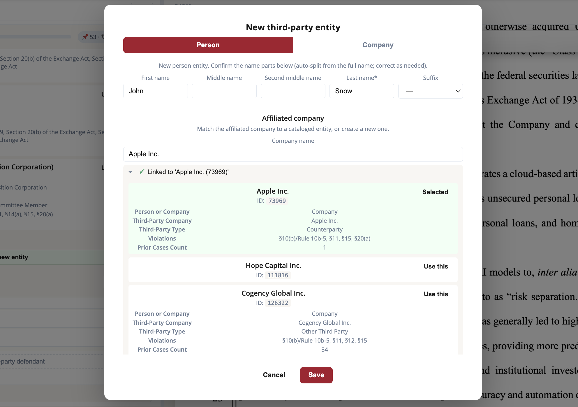 Create-new entity form, third-party shape: Person and Company tabs, the person tab nesting an affiliated-company picker.