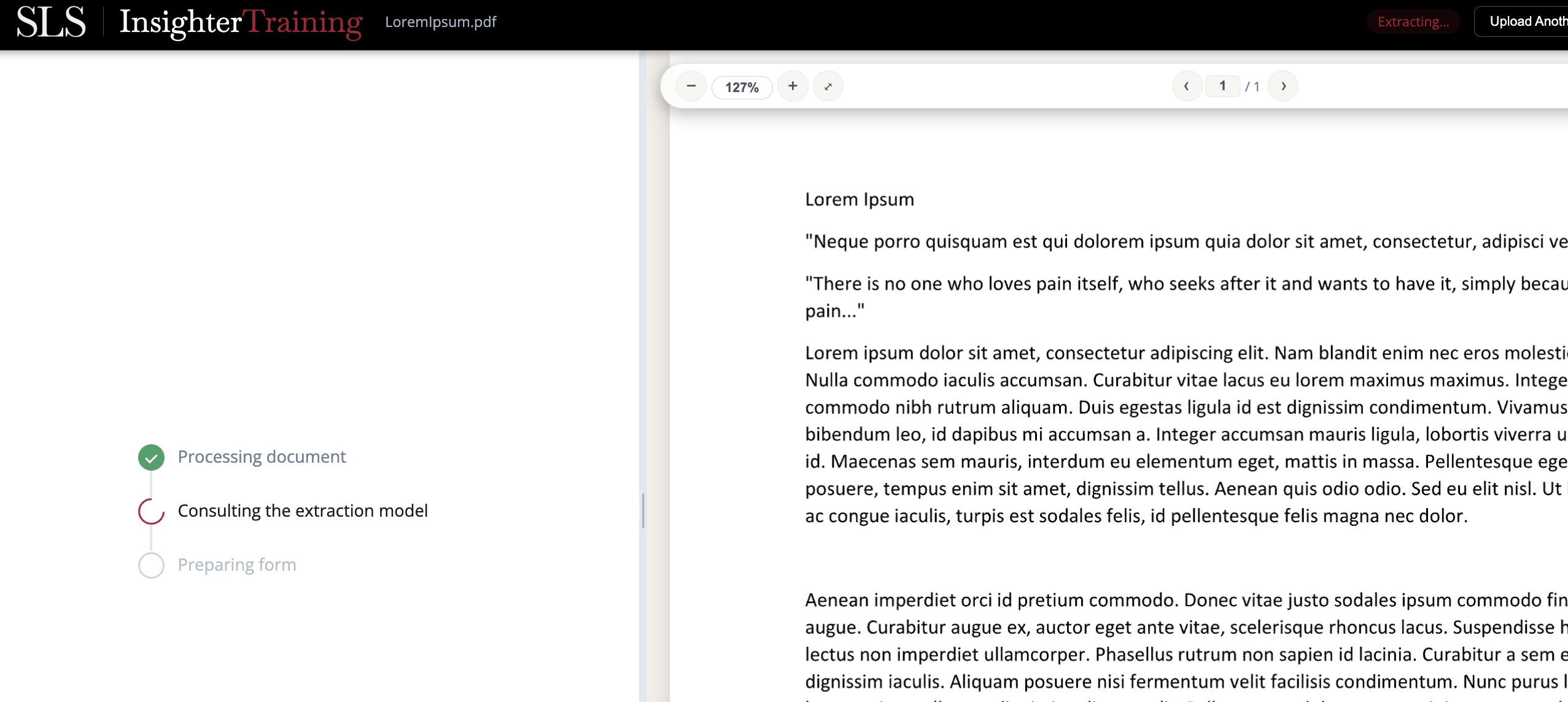 The extraction-in-progress screen: the PDF renders on the right while a three-step tracker shows Processing document complete, Consulting the extraction model active, and Preparing form pending.