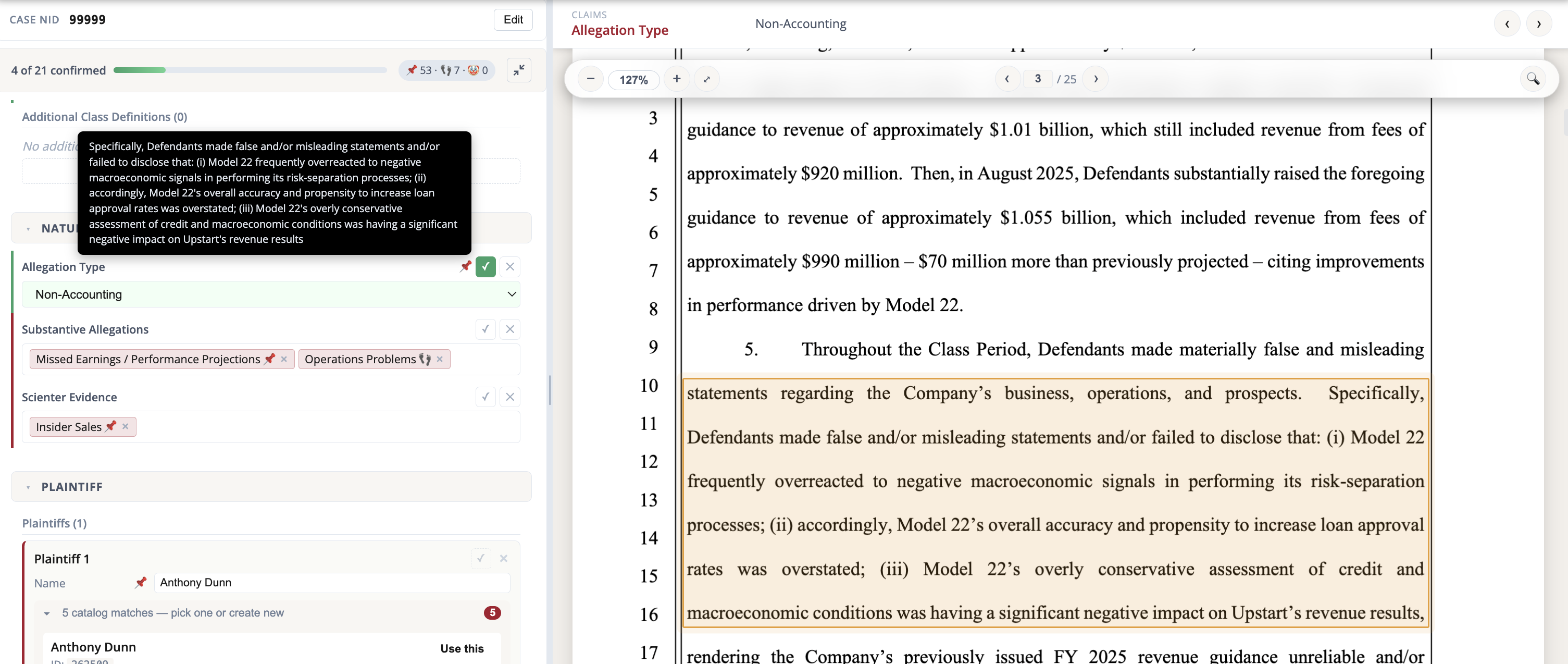 A confirmed form field with the PDF scrolled to and highlighting the source passage the value came from.
