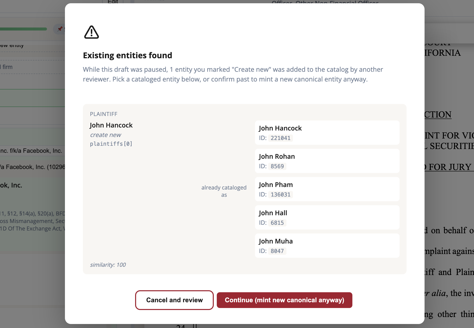 The stale-draft cache re-check modal listing newly cataloged candidates.