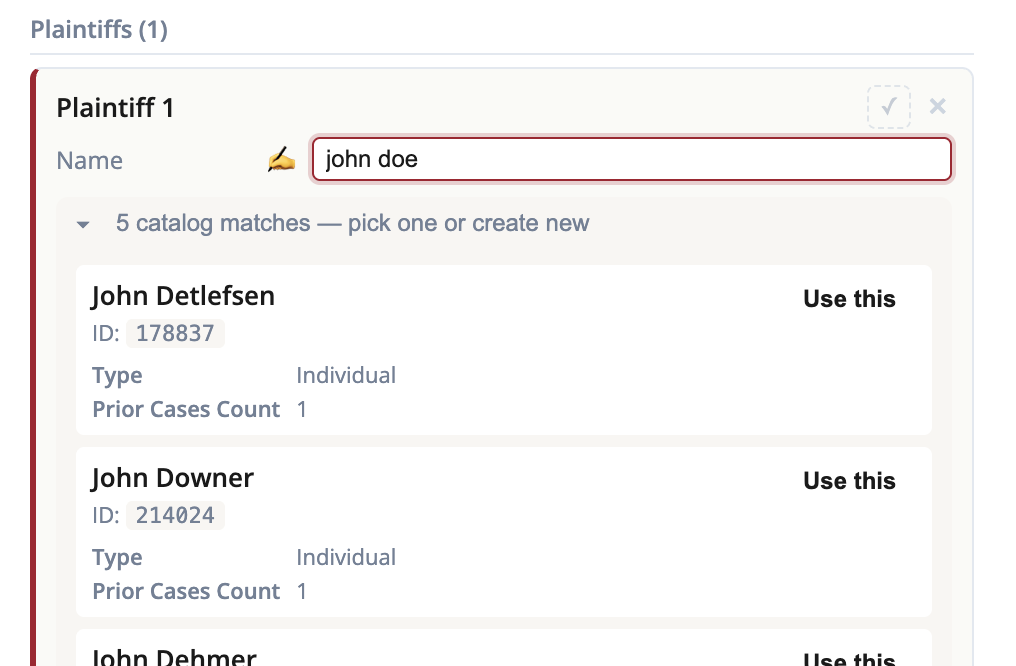 The entity candidate panel suggesting catalog matches under an individual (person) row.
