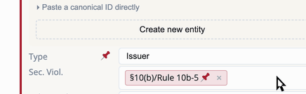 Hovering the located-in-document pin icon on a company defendant's Section 10(b) violation reveals a tooltip with the verbatim passage the value was extracted from.