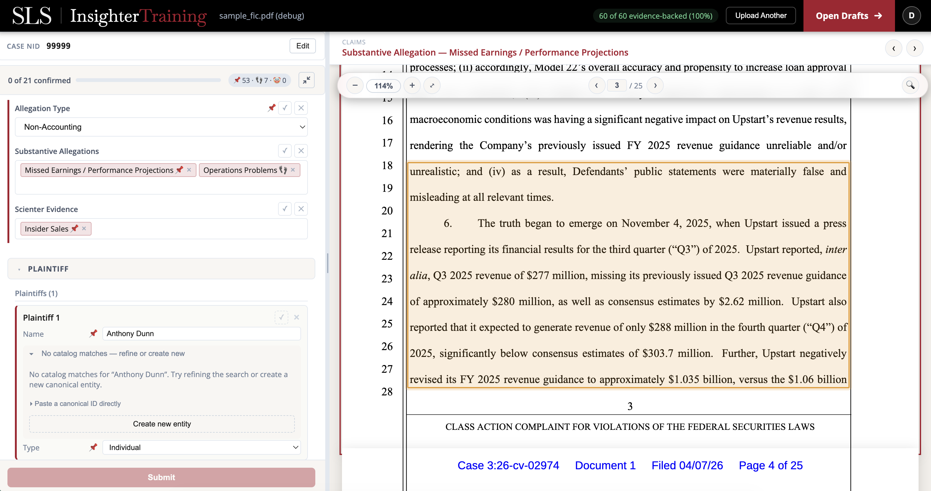 The InsighterTraining review screen: PDF on the right, field-by-field form on the left.