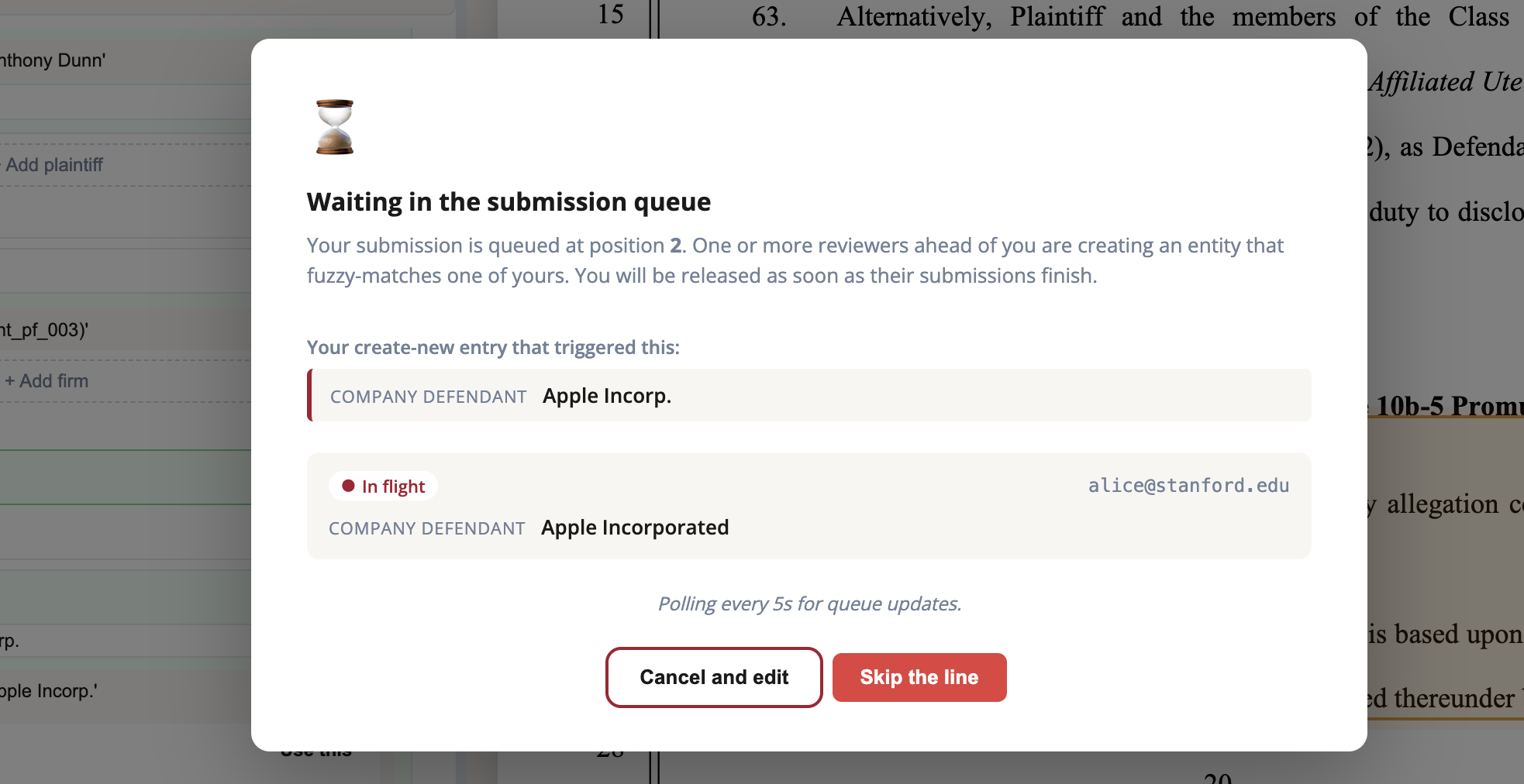 The submission-queue conflict modal showing an in-flight blocker and three exits.