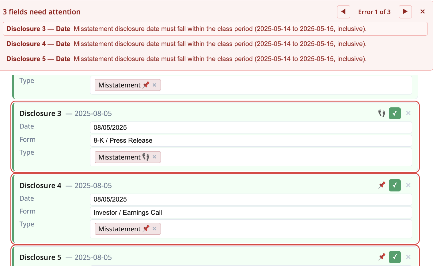 The submit-time validation worklist at the top of the form: one row per issue with a prev/next stepper that jumps to each field to fix.
