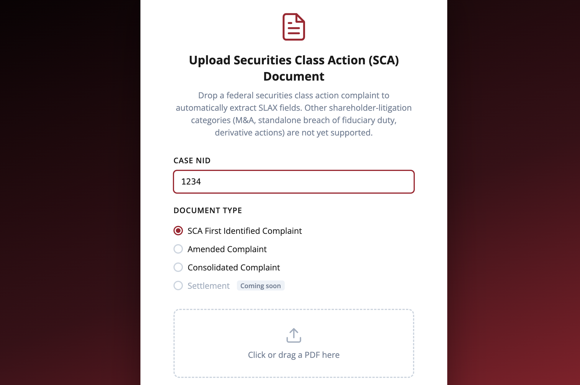 The upload screen: a drop zone for a securities class-action complaint PDF.